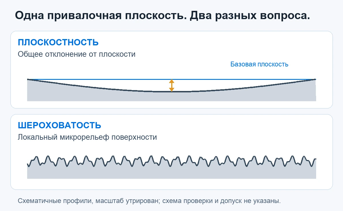 Схематичные профили показывают разницу между общей плоскостностью и локальной шероховатостью поверхности; ни один профиль не задаёт схему проверки или допуск
