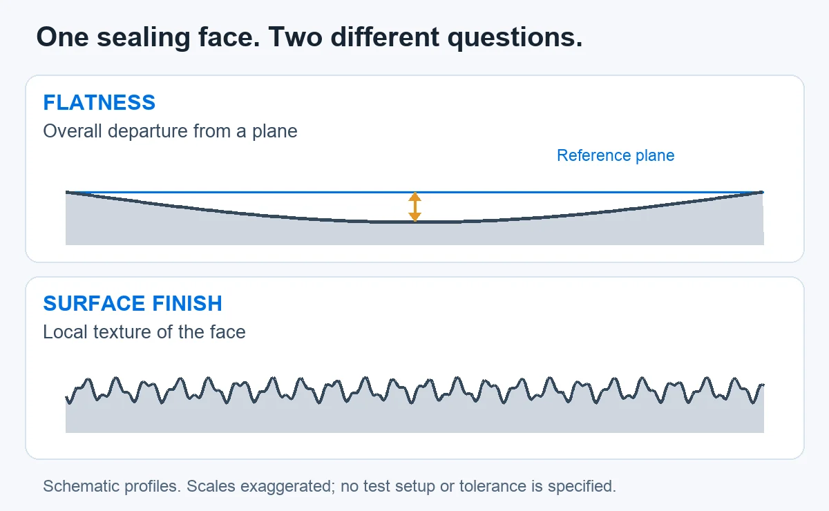 Conceptual profiles distinguish overall flatness from local surface texture; neither profile specifies a test setup or tolerance