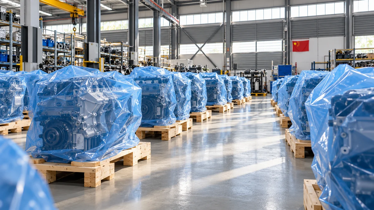 Bright engine warehouse aisle with blue protective packaging and a National Day pennant