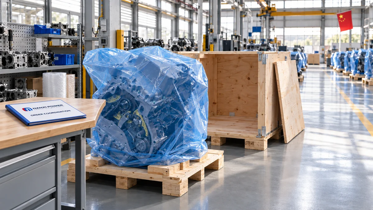 Protected engine and wooden crate beside a branded order coordination folder