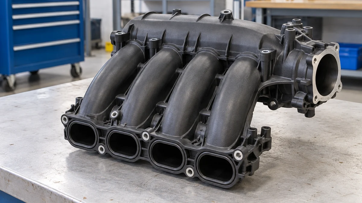 Photographic illustration of a generic four-runner intake manifold on a bright workshop bench; not an identified G4FD part