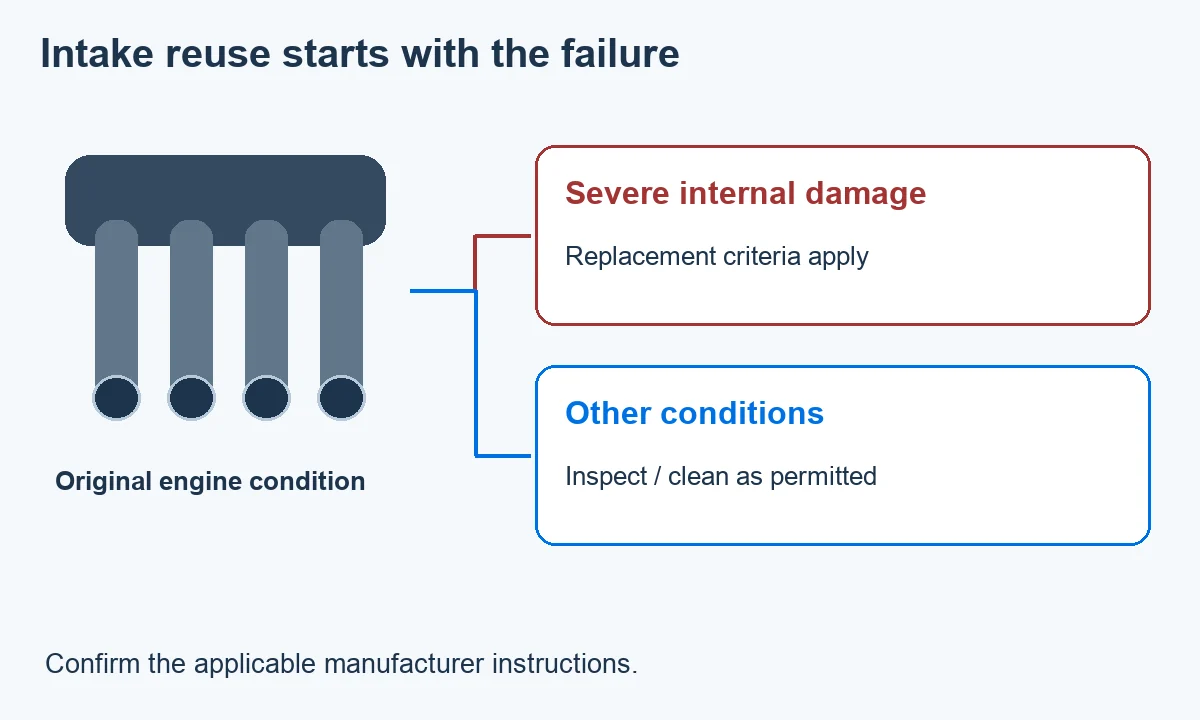 Decision diagram distinguishes severe internal engine damage from other intake-manifold inspection conditions; confirm applicable manufacturer criteria