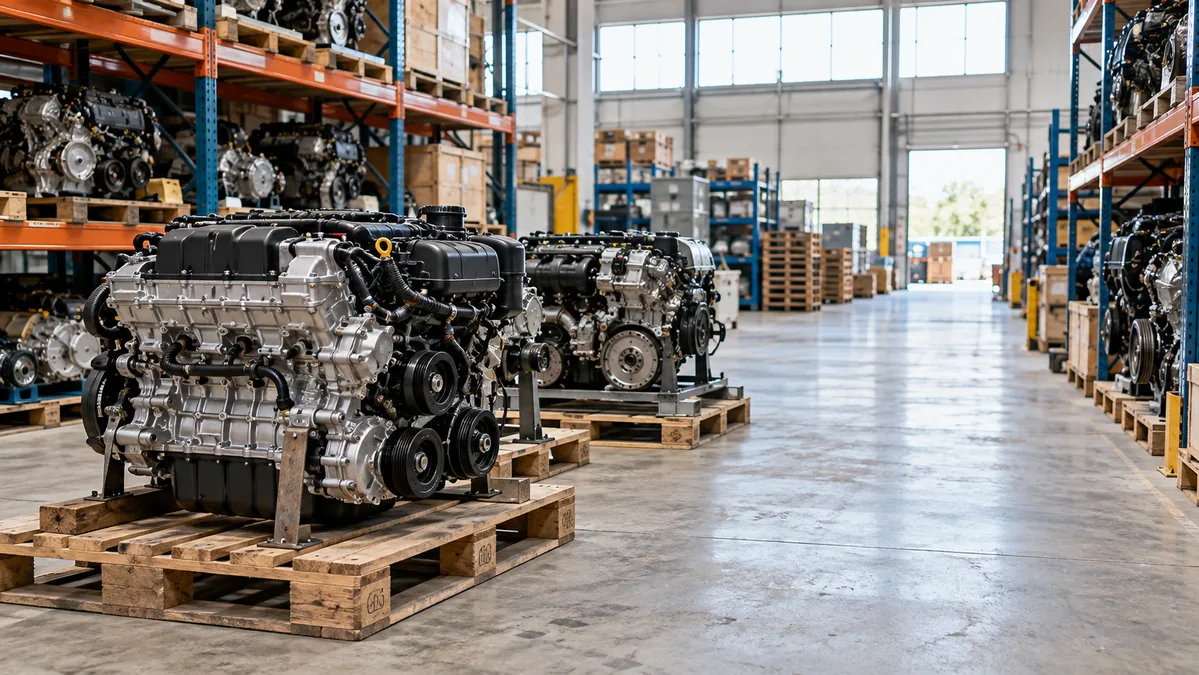 Generic replacement engines on separate pallets in a bright parts warehouse aisle