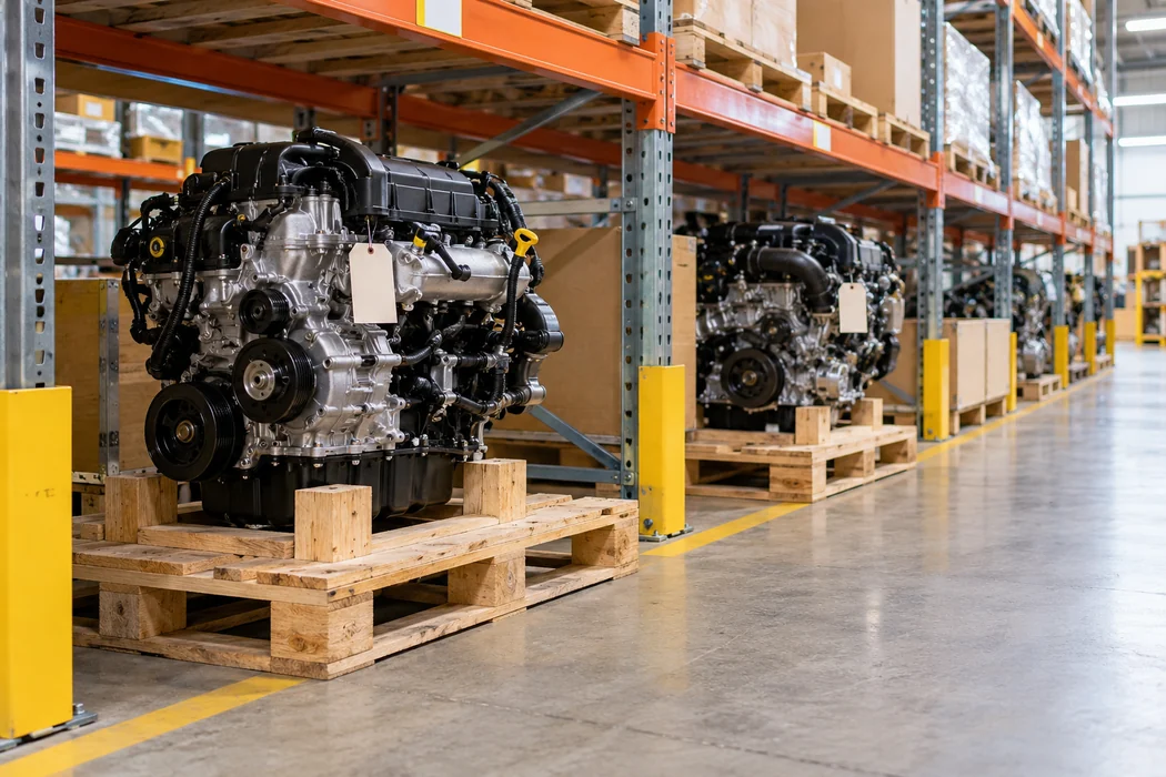 Separate replacement engine inventory positions on stable pallets in a bright warehouse