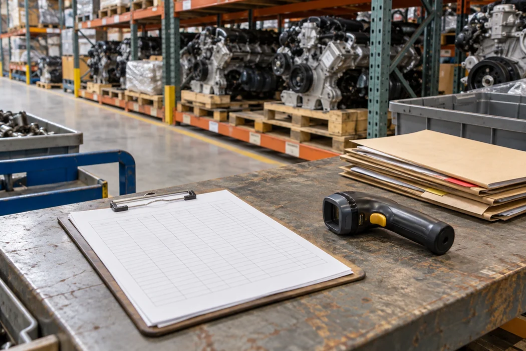 Blank stock sheet and barcode scanner at a warehouse engine inventory review station