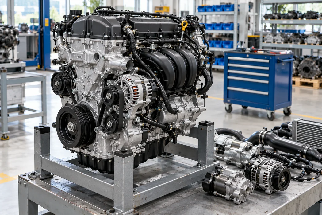 Generic replacement engine and loose accessories arranged on a workshop fixture