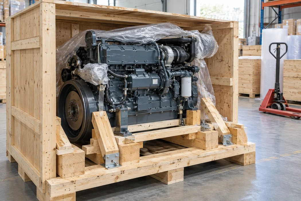 Generic engine secured on timber runners inside a wooden export crate