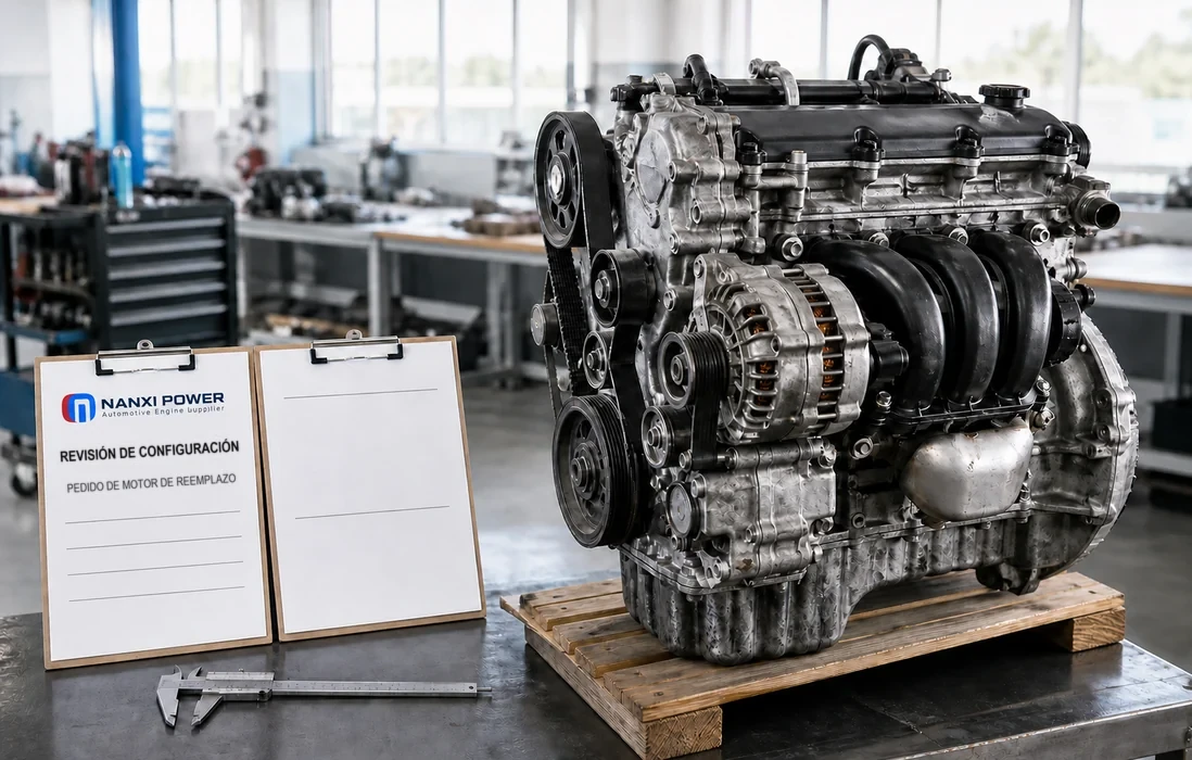 Motor de reemplazo junto a un documento de NANXI POWER de revisión de configuración y un calibrador