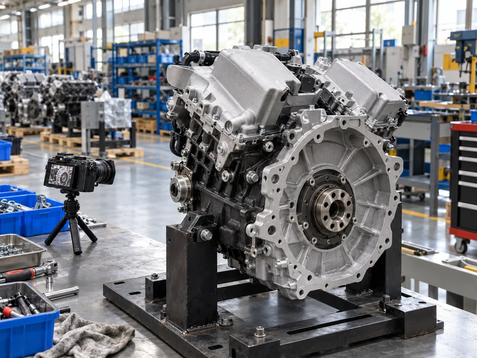 Camera facing the rear mounting face of a replacement engine on a steel workshop fixture