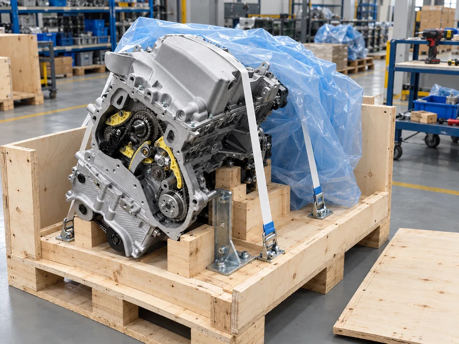Replacement engine secured on a wooden crate base in a bright packing bay