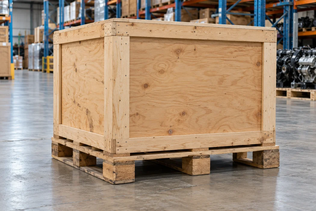 Neutral wooden engine crate resting securely on a pallet above a clean warehouse floor