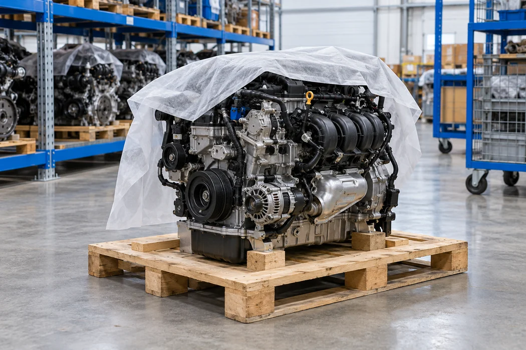 Generic replacement engine partly covered with protective material on a pallet in a bright warehouse