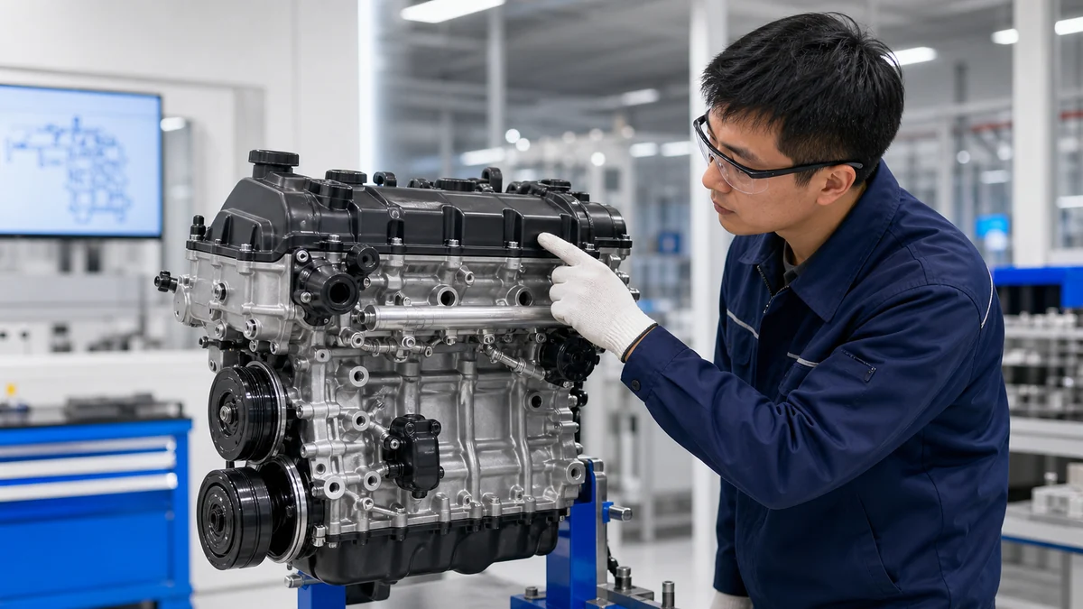Técnico chino de motores inspeccionando la tapa de válvulas de un motor de reemplazo